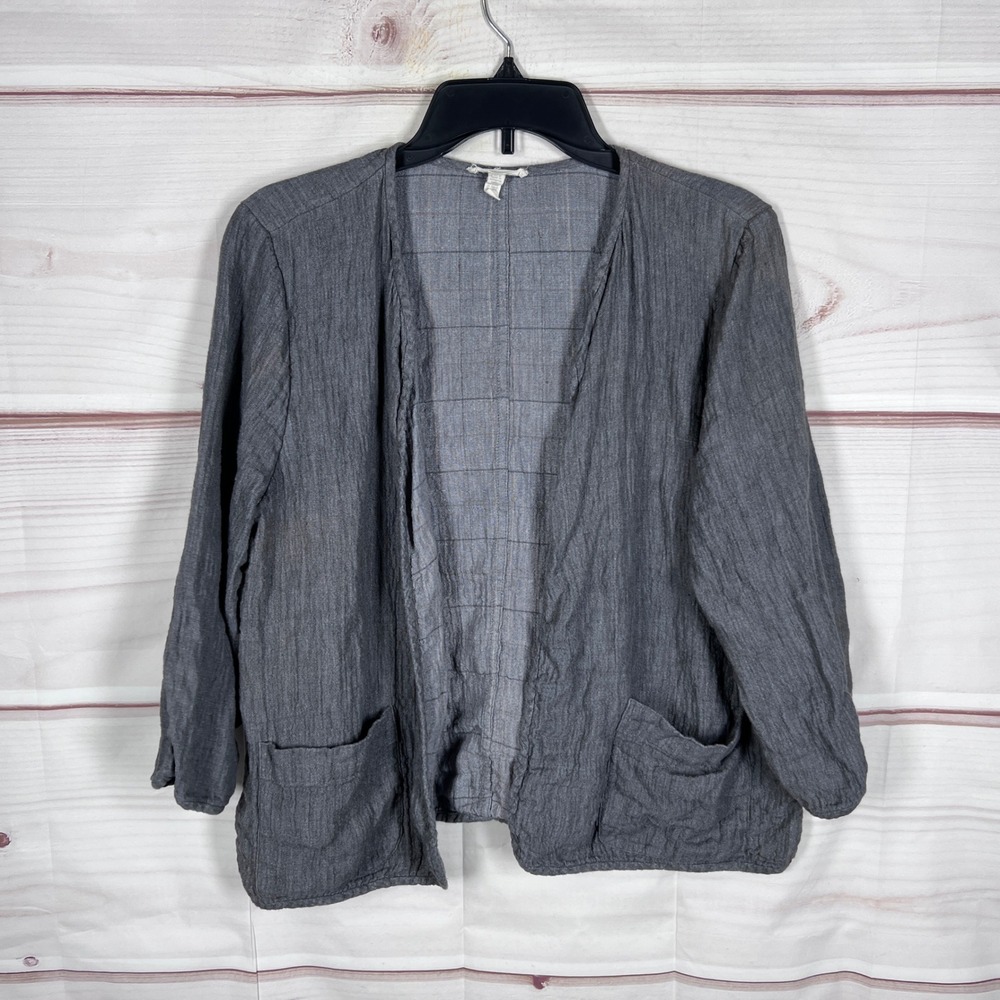 Eileen Fisher Linen Blend Jacket Womens Large Gray Solid Open Front Long Sleeve
